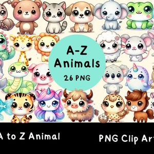 26 Kawaii A-Z Animal Clipart Set | Miękkie pastelowe akwarele w stylu PNG | Przezroczyste tło
