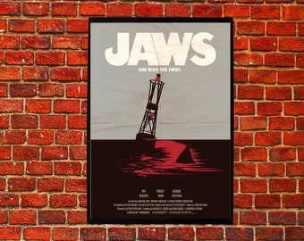Jaws Spielberg Retro Classic Movie Horror Film Cover Alternative Poster Print Graphic  Design  Great White Shark Artwork Minimal Art