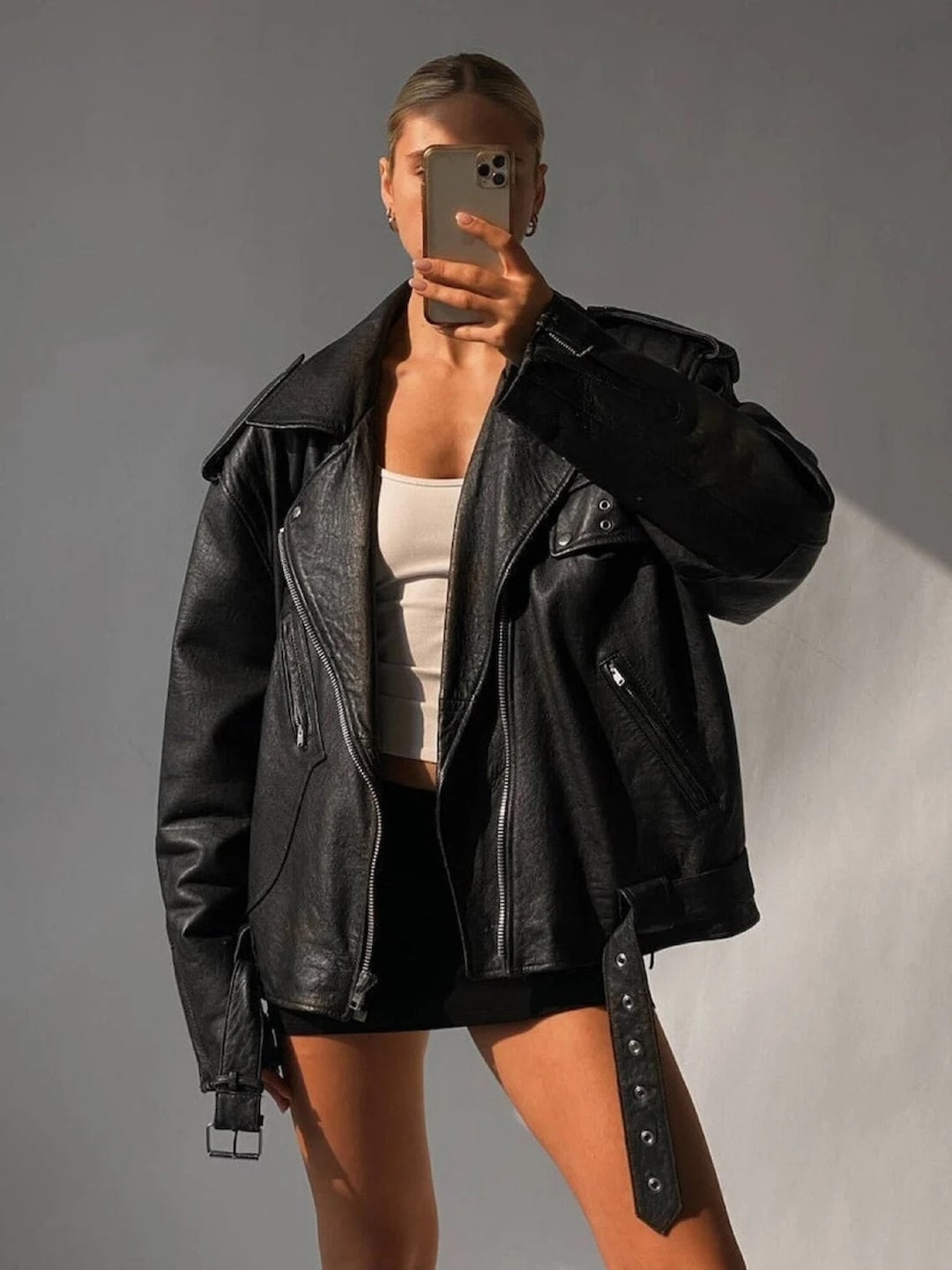 Women 90s Fashion Leather Jacket Vintage Leather Oversized Bomber ...