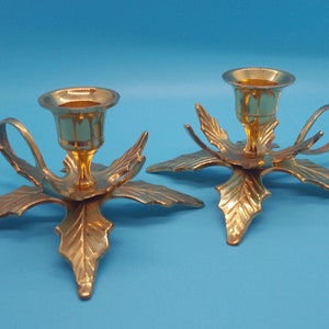 Pair of Vintage Brass Holly Leaf Candlestick Holders (w/ Handles)
