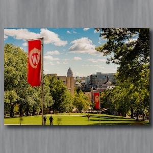 May include: A scenic outdoor view featuring a green lawn, trees, and buildings under a blue sky with clouds. Red banners with a white emblem are displayed. People are walking on the lawn. The image captures a sunny day.