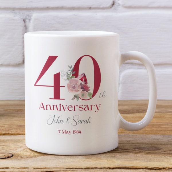 40. Jahrestag Anpassbare Tasse 11 Unzen, Vierzigste Hochzeitstag Geschenk für 40 Jahre Verheiratet, Rubin Jahrestag Geschenk