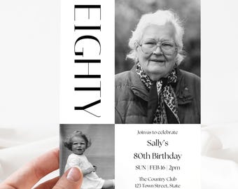 Modern 80th Birthday Invitation | Custom Editable Digital Download | Canva Template | Instant Access Printable | Minimalist Photo Invite 80