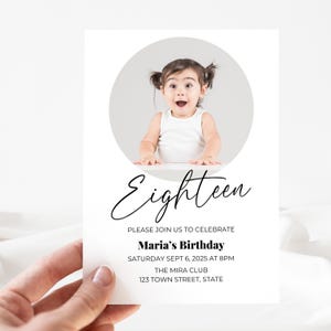 18th Birthday Invitation | Editable Canva Template | Modern Minimalist Photo |  Customizable for Boys and Girls | Instant Download Printable