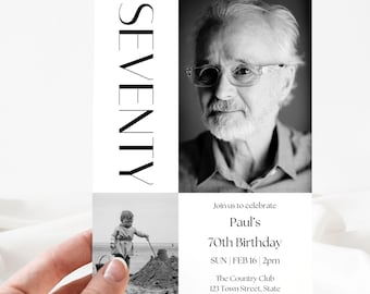 Modern 70th Birthday Invitation | Custom Editable Digital Download | Canva Template | Instant Access Printable | Minimalist Photo Invite 70