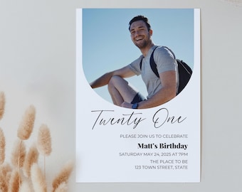 Modern 21-årsinbjudan | Anpassad redigerbar digital nedladdning | Canva-mall | Direktåtkomst och utskrivbar | Minimalistisk fotoinbjudan 21
