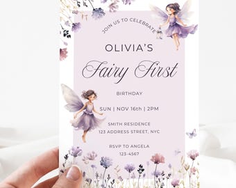 Invito per il primo compleanno delle fate - Invito al giardino incantato - Boho Whimsical 1° compleanno - Modello Canva scaricabile digitalmente modificabile