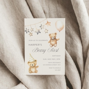 Beary Erste Geburtstagseinladung - Bearbeitbarer Teddybär einladen - 1. Geburtstagsfeier - Digital Download Canva Vorlage - Boho Gender Neutral