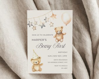 Beary First Birthday Invitation - Editable Teddy Bear Invite - 1st Birthday Party - Digital Download Canva Template - Boho Gender Neutral