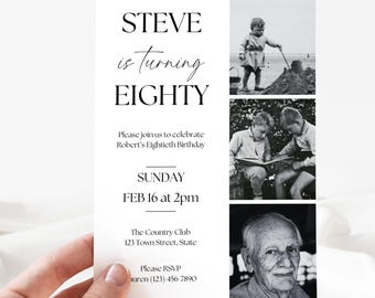 Op de afbeelding: Zwart-witte verjaardagsuitnodiging met een fotocollage van een man op verschillende leeftijden. De uitnodiging luidt "Steve wordt tachtig" en bevat de datum en tijd van het evenement, de locatie en contactgegevens.