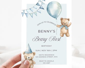 Beary First Birthday Invitation - Editable Teddy Bear Invite - 1st Birthday Party - Digital Download Canva Template - Boho Pastel Dusty Blue