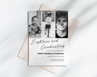 18th Birthday & Graduation Party Invitation | Editable Canva Template | Instant Download Printable | Modern Minimalist Photo Strip Invite