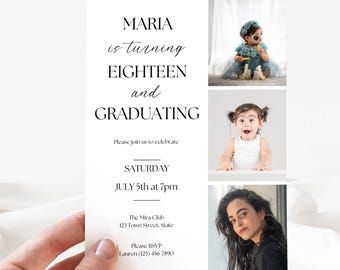 18th Birthday & Graduation Party Invitation | Editable Canva Template | Instant Download Printable | Modern Minimalist Photo Strip Invite