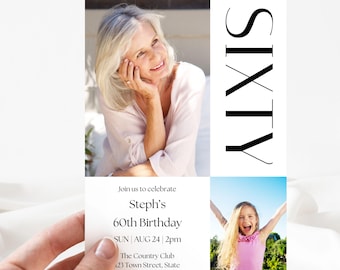 Modern 60th Birthday Invitation | Custom Editable Digital Download | Canva Template | Instant Access Printable | Minimalist Photo Invite 60