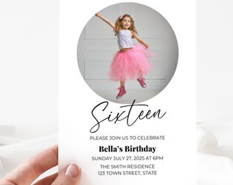 Minimalist 16th Birthday Invitation | Modern Editable Photo Template | Sixteenth Customizable Invite | Instant Download Printable