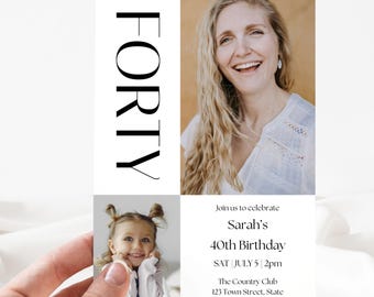 Modern 40th Birthday Invitation | Custom Editable Digital Download | Canva Template | Instant Access Printable | Minimalist Photo Invite 40