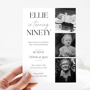 Faire-part modifiable pour 90e anniversaire | Modèle de toile personnalisable | Téléchargement instantané | 90 ans | Invitation photo imprimable pour hommes et femmes