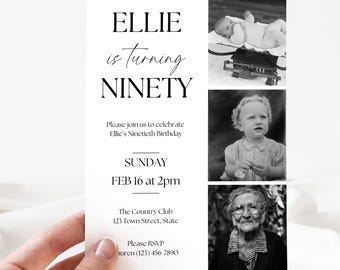 Puede incluir: Invitación de cumpleaños en blanco y negro para un 90 cumpleaños. La invitación presenta un collage de fotos de la persona que cumple años a diferentes edades. El texto dice "Ellie cumple NOVENTA. Únase a nosotros para celebrar el nonagésimo cumpleaños de Ellie. DOMINGO 16 DE FEBRERO a las 2:00 PM. The Country Club 123 Town Street, State. Por favor, confirme su asistencia auren (123) 456 7890"
