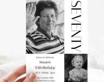 Modern 70th Birthday Invitation | Custom Editable Digital Download | Canva Template | Instant Access Printable | Minimalist Photo Invite 70