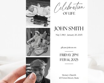 Editable Celebration of Life Invitation | Funeral Announcement | Memorial Service Invite | Canva Template | Instant Download | Photo Strip