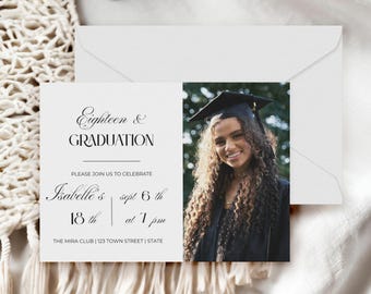 18th Birthday & Graduation Party Invitation | Editable Canva Template | Instant Download Printable | Modern Minimalist Photo Invite