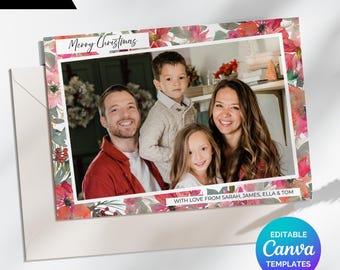 Editable Family Photo Christmas Cards, Colourful Collage Personalized Xmas Picture Card, Editable Canva Template, Instant Download Printable
