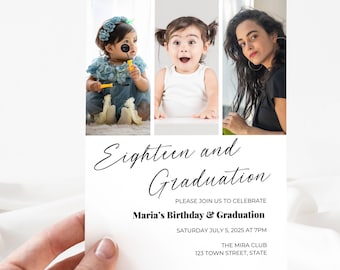 18th Birthday & Graduation Party Invitation | Editable Canva Template | Instant Download Printable | Modern Minimalist Photo Strip Invite