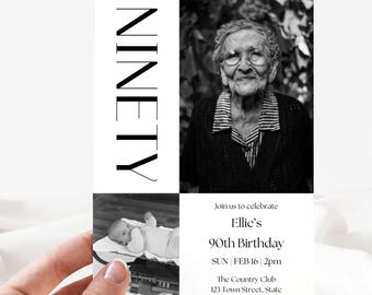 Modern 90th Birthday Invitation | Custom Editable Digital Download | Canva Template | Instant Access Printable | Minimalist Photo Invite 90