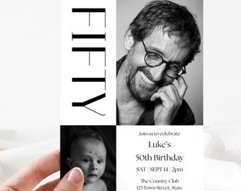 Invitación moderna para 50 cumpleaños / Descarga digital editable personalizada / Plantilla Canva / Acceso instantáneo imprimible / Invitación minimalista con foto 50