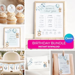 Beary First Birthday Bundle | Editable Party Decor | 1st Birthday Party | Digital Instant Download | Canva Template | Teddy Bear Theme