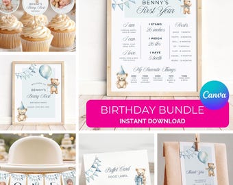 Beary First Birthday Bundle | Editable Party Decor | 1st Birthday Party | Digital Instant Download | Canva Template | Teddy Bear Theme