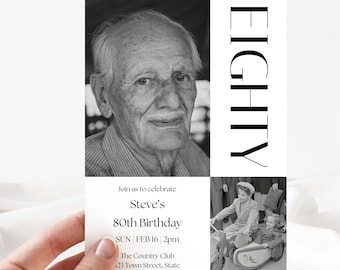 Modern 80th Birthday Invitation | Custom Editable Digital Download | Canva Template | Instant Access Printable | Minimalist Photo Invite 80