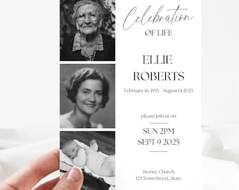 Puede incluir: Invitación de memorial en blanco y negro para Ellie Roberts. La invitación incluye el texto "Celebration of Life", "Ellie Roberts", "February 16, 1935 - August 14, 2025", "Please join us on Sun 2PM Sept 9, 2025", "Stoney Church" y "123 Town Street, State". La invitación también incluye tres fotos en blanco y negro de Ellie Roberts a diferentes edades.
