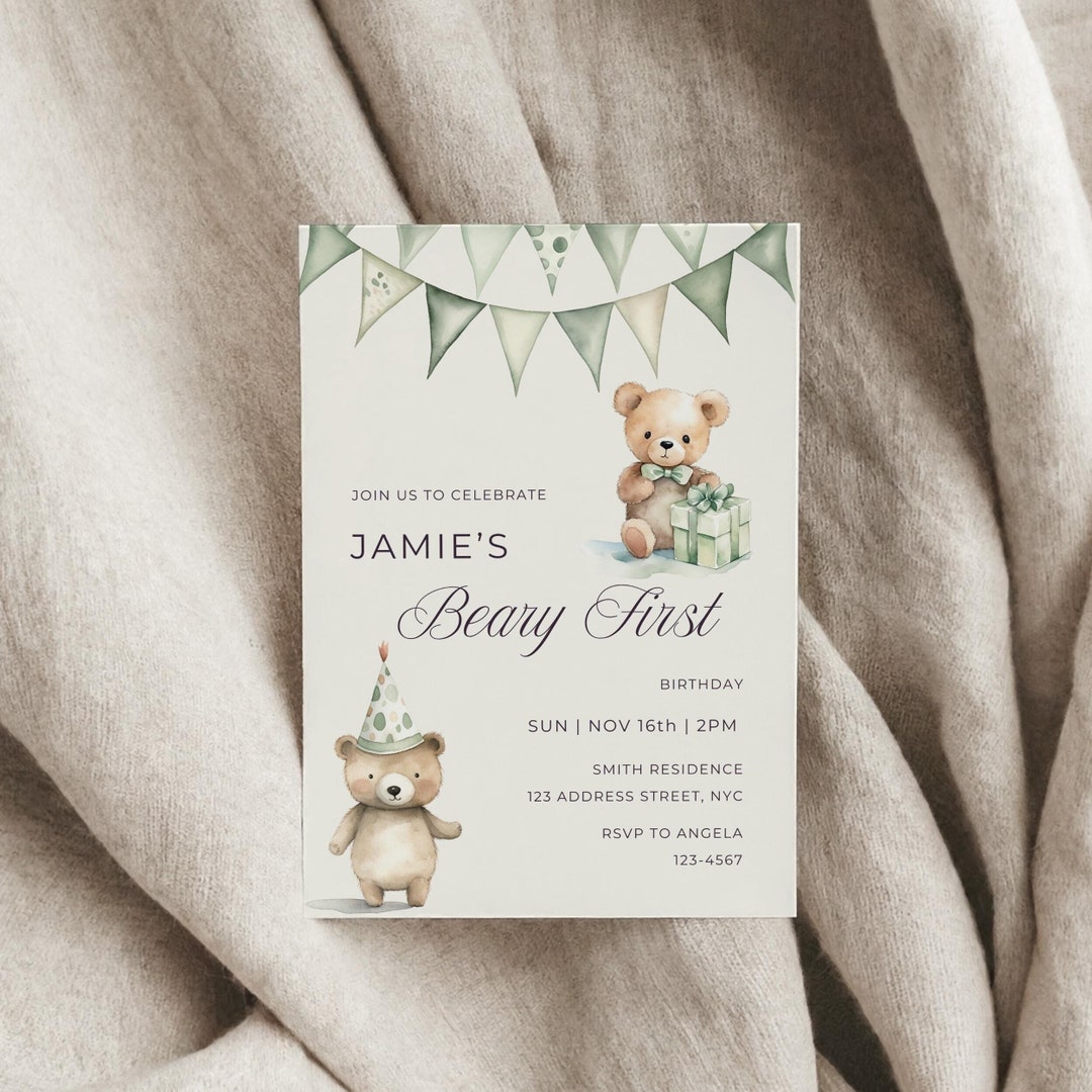 Beary First Birthday Invitation - Editable Teddy Bear Invite - 1st ...