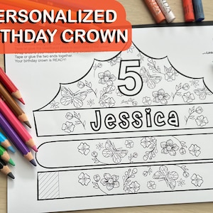 Personalized Birthday Paper Crown for Kids, Printable Birthday Crown, Floral Crown for Birthday Girl, Printable Coloring Crown, DIY Headband