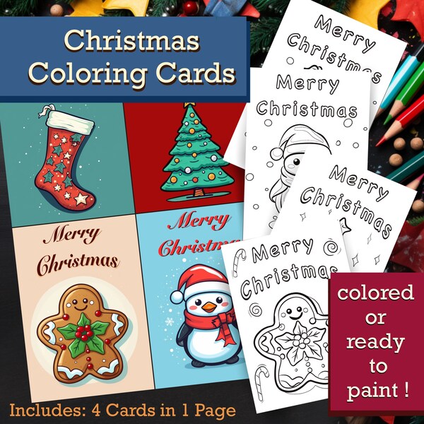 Christmas Coloring Card Set for Kids, Printable Christmas Cards to Color, Christmas Activity for Kids, Toddler Christmas Cards DIY Gifts