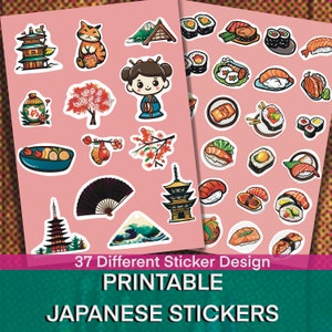 Japanse stickerset, afdrukbare sticker, reissticker, stickers Japans eten, kawaii stickers, sushistickers als cadeau, Japanse clipart