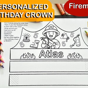 Personalized Birthday Paper Crown for Kids, Printable Birthday Crown,Fireman Crown for Birthday Boy, Printable Coloring Crown, DIY Headband
