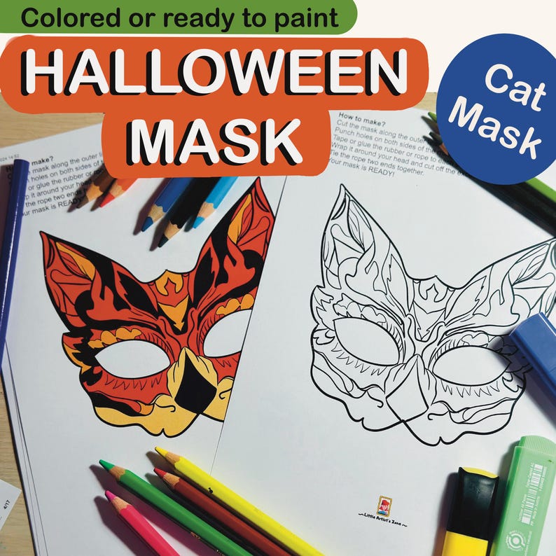 Paper Cat Mask Coloring Printable for Kids, Halloween Party DIY ...