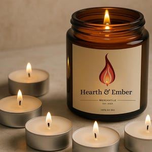 Könnte beinhalten: Eine brennende Sojawachskerze in einem braunen Glas mit einem Etikett mit der Aufschrift "Hearth & Ember". Mehrere brennende Teelichter umgeben das Glas. Das Etikett zeigt eine Flammen-Grafik und den Text "Mercantile Est. 2023."