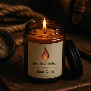 May include: A lit soy wax candle in a brown glass jar with a black lid. The label reads "Hearth & Ember Boat Deck." The candle is on a wooden surface, with a compass and rope in the background. The flame is bright.