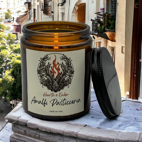 Amalfi Pasticceria - Hand-Poured 8oz Soy Wax Candle - Amber Glass Jar with Cotton Wick and Metal Lid