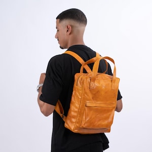 Sac à dos en cuir jaune, week-end, cuir véritable, fait main, un cadeau pour elle, Saint-Valentin, sac à dos scolaire, sac à dos de voyage, Cadeaux pour papa