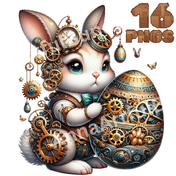 16 Steampunk Bunny Easter Egg Clipart - Unique Watercolor Rabbit with Gears PNG, Vintage-Inspired Easter Art, digital download