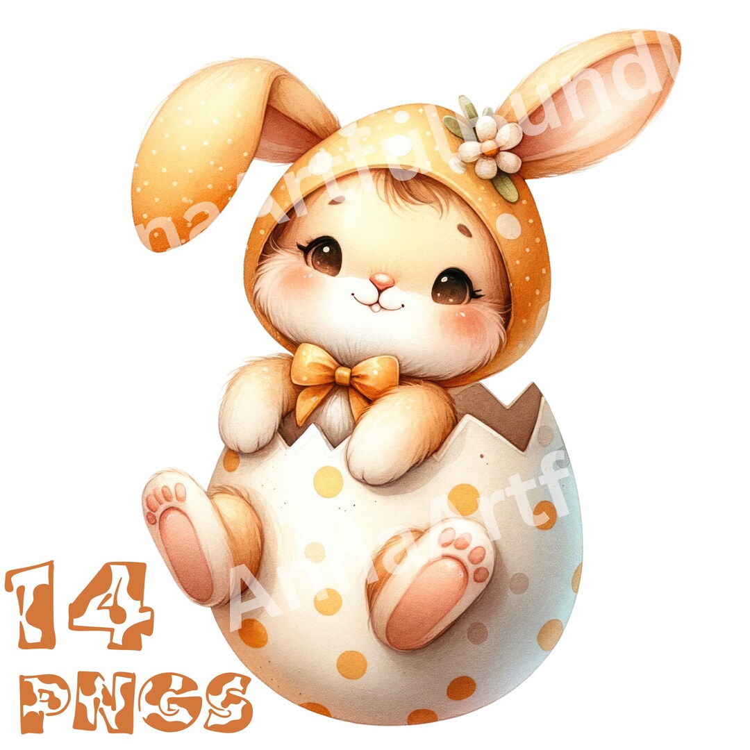 14 Easter Bunny Watercolor Clipart, Cute Rabbit in Egg Digital PNG ...
