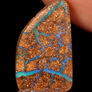 Könnte beinhalten: Ein polierter Boulder-Opal-Edelstein mit einer texturierten, erdbraunen Matrix und komplizierten, verzweigten Adern aus leuchtendem, irisierendem blauem und grünem Opalmaterial, die sich in einem netzartigen Muster über die Oberfläche ziehen.