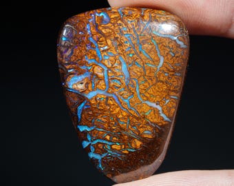 May include: A polished, teardrop-shaped opal gemstone. The stone displays a complex pattern of brown, orange, and blue veins. The opal is held between two fingers against a black background, highlighting its unique colour and texture.