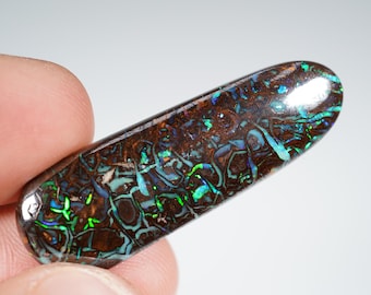 May include: A polished, elongated gemstone with a deep brown base. It displays intricate patterns of teal, blue, and green, creating an iridescent effect. The gemstone is held between fingers.