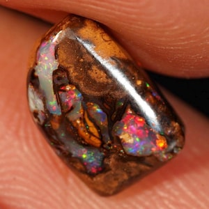 Könnte beinhalten: Ein polierter, oval geformter Opal-Edelstein mit einer dunkelbraunen Matrix. Der Opal zeigt lebhafte Blitze in Rot, Orange, Grün und Blau, wodurch ein farbenfroher, schillernder Effekt entsteht. Der Edelstein wird zwischen zwei Fingern gehalten.
