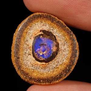 Pode incluir: Um opala Yowah redondo e polido com um núcleo central iridescente de azul e roxo vibrantes, rodeado por anéis concêntricos de matriz de pedra de ferro em tons de castanho terra, bege e ocre, com uma borda exterior rugosa e texturizada.